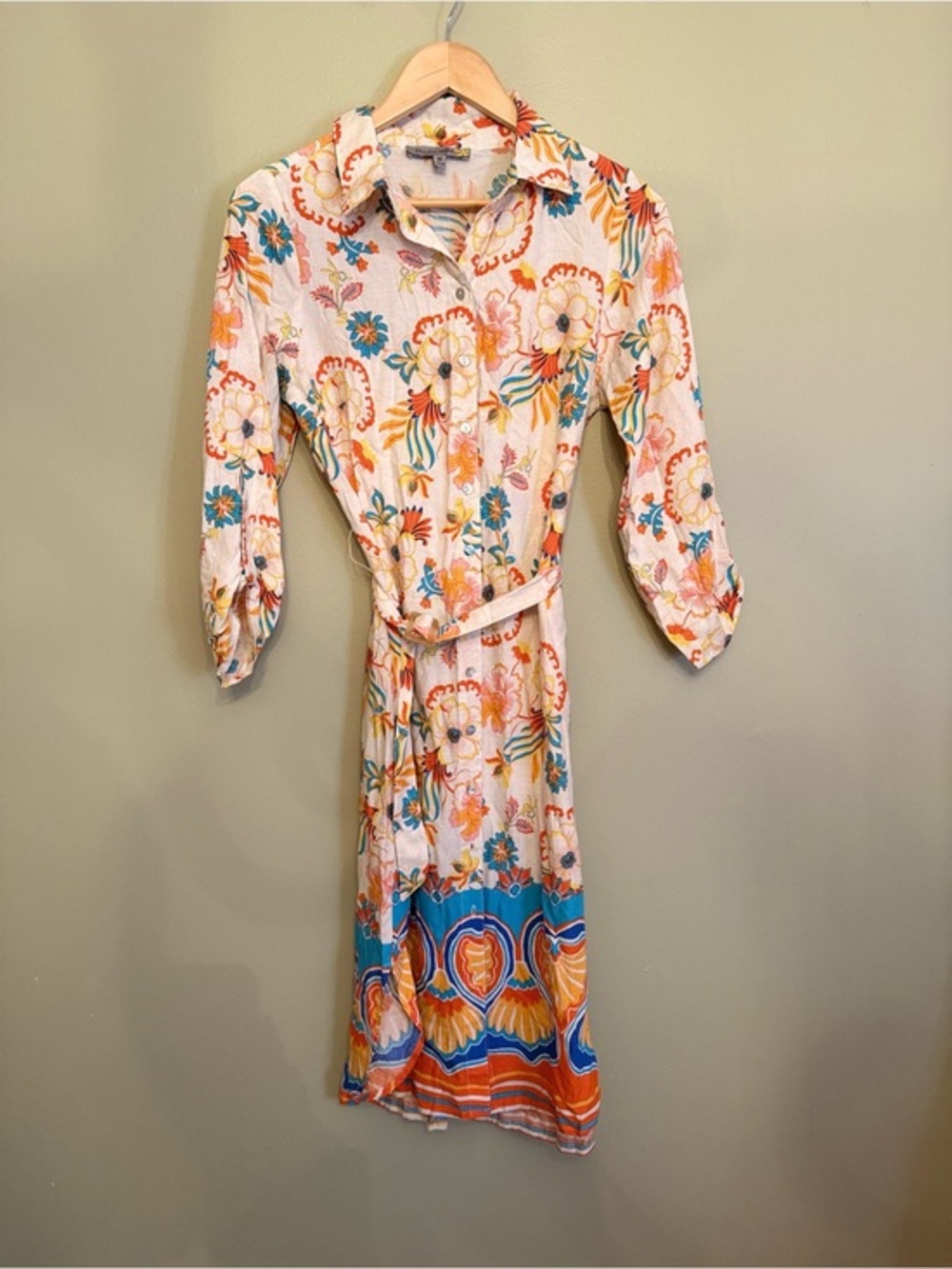Figueroa & Flower Floral Belted Midi Shirt Dress Medium Blue Orange Boho